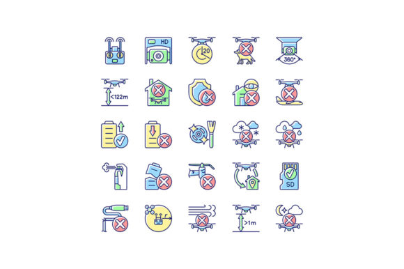 Drone Usage RGB Color Manual Label Icons for Brand Marketing
