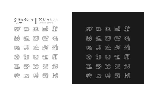 Online Game Types Linear Icons Set: Graphics Review