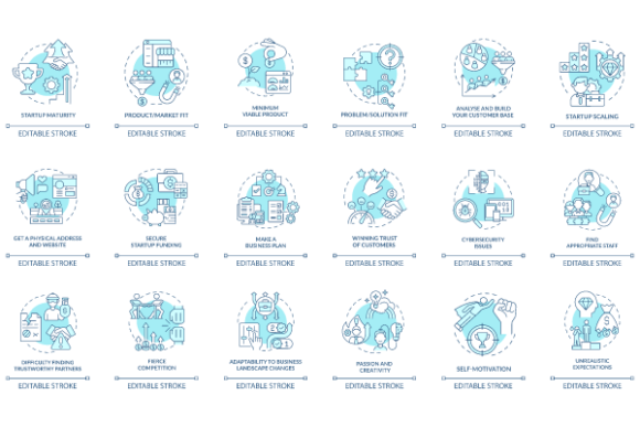 Startup Launch Blue Concept Icons Bundle: Graphics Review